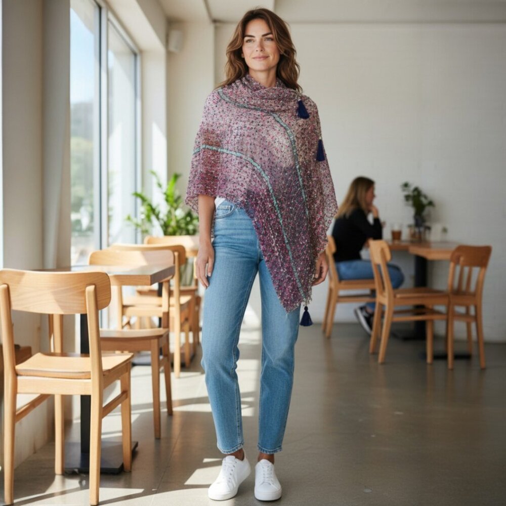 Magenta Brown Navy Green Stripe Poncho Vest Scarf Adjustable Tassel…